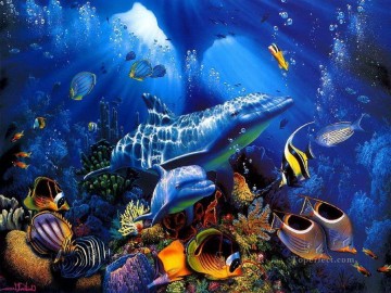 魚の水族館 Painting - 水中のドルフィンブルー